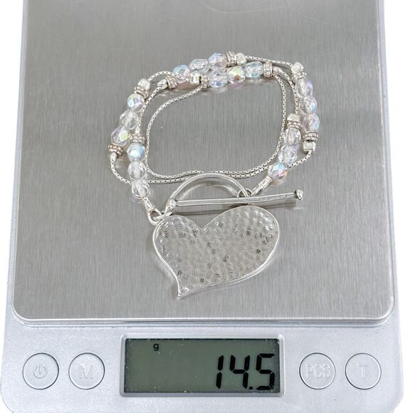 Vintage Sterling Silver 925 Crystal Beaded Heart Pendant Toggle Necklace 16" - Picture 4 of 4